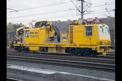Plasser & Theurer MTW 100.083 self-powered overhead electrification installation and maintenance tower vehicle.